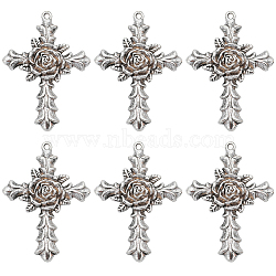 10Pcs Tibetan Style Alloy Big Pendants, Cross with Rose Charm, Antique Silver, 55.5x40x7mm, Hole: 2.2mm(FIND-SC0005-83)