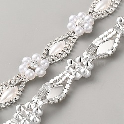 Alloy Rhinestone Link Chains, with Imitation Pearl, Horse Eye & Flower, Unwelded, Silver, 16x6mm(LCHA-WH20001-01S)