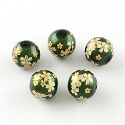 Rose Flower Pattern Printed Round Glass Beads, Imitation Pearl Beads, Bisque, 10x9mm, Hole: 1.5mm(GFB-R005-10mm-E06)