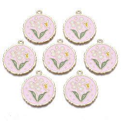 Rack Plating Alloy Enamel Pendants, Cadmium Free & Nickel Free & Lead Free, Light Gold, Flat Round with Flower, Pink, 28x25x1.5mm, Hole: 1.8mm(ENAM-N055-048)