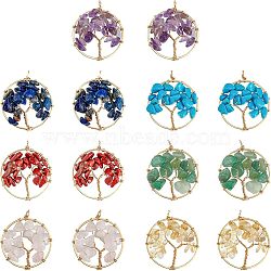 SUPERFINDINGS 2 Sets Gemstone Copper Wire Wrapped Pendants, Synthetic Howlite, Natural Red Jasper & Aventurine & Lapis Lazuli & Rose Quartz & Amethyst & Citrine, Golden, Flat Round with Tree, 36.5~37.5x30x6~8.5mm, Hole: 3.2~3.5mm, 1pc/style, 7 styles, 7pcs/set(FIND-FH0005-04)