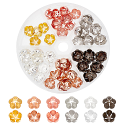 CHGCRAFT 90Pcs 6 Colors Brass Bead Caps, 5-Petal, Flower, Mixed Color, 12.5~13x7mm, Hole: 1.4mm, 15pcs/color(KK-CA0003-45)