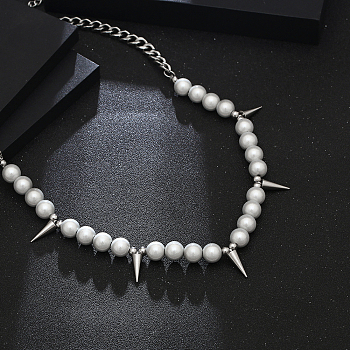 Conical Pearl Bib Necklace Stainless Steel Curb Chain Necklaces for Men and Women 