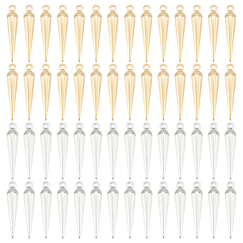 100Pcs 2 Colors Brass Pendant, Cadmium Free & Lead Free, Cone Charm, Golden & Silver, 15x3x1mm, Hole: 1mm, 50pcs/color