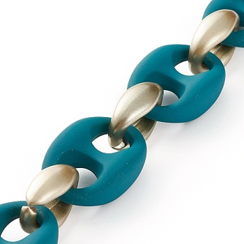 Handmade Spray Painted CCB Plastic & Rubberized Style Acrylic Coffee Bean Chains, Golden, Teal, 33x22.5x10.5mm, 23x16x9mm, 39.37 inch(1m)/strand