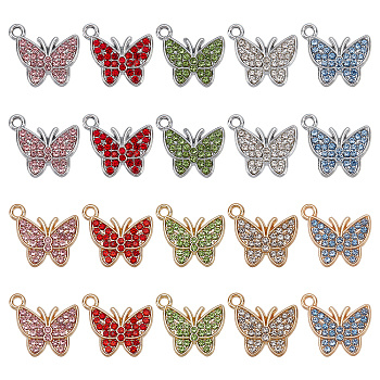 SUPERFINDINGS 40Pcs 10 Colors Alloy Pendants, with Rhinestone, Butterfly, Mixed Color, 15x17x2.5mm, Hole: 1.6mm, 4pcs/color