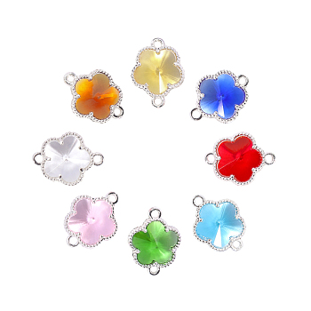 Glass Links connectors, with Eco-Friendly Alloy Open Back Berzel Findings, Flower, Silver Color Plated, Mixed Color, 15.5x12x5mm, Hole: 1.4mm