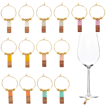 Brass Wine Glass Charms, with Transparent Resin & Walnut Wood Pendants, Rectangle, Mixed Color, 51mm, 7color, 2pcs/color, 14pcs/set