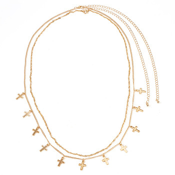 1Pc Alloy Double Layer Cross Charm Waist Chains, Tassel Sexy Personality Belly Belts, Light Gold, 760mm