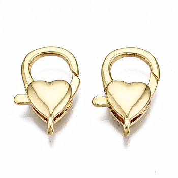 Brass Lobster Claw Clasps, Nickel Free, Heart, Real 16K Gold Plated, 22.5x15x5.5mm, Hole: 2mm