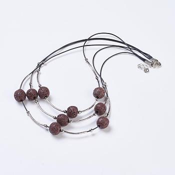 Waxed Cord Tiered Necklace, 3 Layer Necklaces, with Lava Rock Beads and Brass Findings, Coconut Brown, 20.47 inch(52cm)