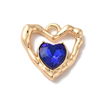 Rack Plating Alloy Pandants, with Glass, Nickel Free, Heart Charms, Golden, Dark Blue, 19x19x5mm, Hole: 2.3mm
