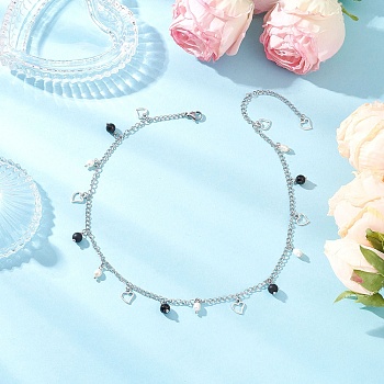 Natural Black Agate(Dyed & Heated) & Natural Pearl & 304 Stainless Steel Heart Tassel Curb Chain Necklaces, Stainless Steel Color, 15.94 inch(40.5cm)