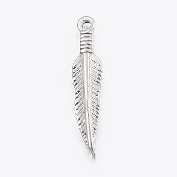 304 Stainless Steel Pendants, Feather, Stainless Steel Color, 28.5x6x2mm, Hole: 1.5mm
