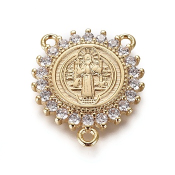 Brass Cubic Zirconia Chandelier Component Links, Cadmium Free & Lead Free, 3 Loop Connectors, Religion, Flower with Saint Benedict, Clear, Golden, 18.5x16x2.5mm, Hole: 1mm