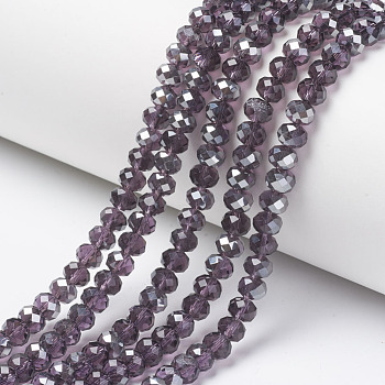 Electroplate Transparent Glass Beads Strands, Half Gray Plated, Faceted, Rondelle, Dark Orchid, 6x5mm, Hole: 1mm, about 85~88pcs/strand, 16.1~16.5 inch(41~42cm)