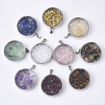 Dyed/Electroplate Natural Gemstone or Rhinestone Pendants, with Transparent Glass and 304 Stainless Steel Open Back Cabochon Settings, Flat Round, Stainless Steel Color, 27.5x25x7mm, Hole: 2.5x5mm