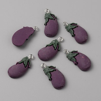 Opaque Resin Pendants, Eggplant Charm, with Platinum Tone Alloy Loops, Purple, 26.5x13x5mm, Hole: 2mm