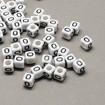 Large Hole Acrylic Letter European Beads, Horizontal Hole, White & Black, Cube with Letter.O, 6x6x6mm, Hole: 4mm