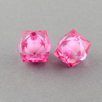 Transparent Acrylic Beads, Bead in Bead, Faceted Cube, Deep Pink, 12x11x11mm, Hole: 2mm, about 620pcs/500g