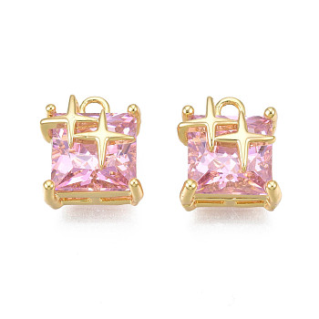 Brass Inlaid Cubic Zirconia Charms, Real 18K Gold Plated, Square with Star, Pearl Pink, 11x9.5x6.5mm, Hole: 1.6mm