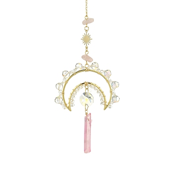 Natural Quartz Crystal Nuggets Pendant Decorations, with Moon Glass & Brass Link, for Home Decorations, Golden, 296mm, Hole: 8mm