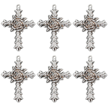 10Pcs Tibetan Style Alloy Big Pendants, Cross with Rose Charm, Antique Silver, 55.5x40x7mm, Hole: 2.2mm