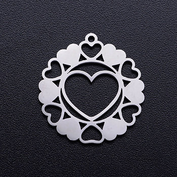 201 Stainless Steel Pendants, Flower with Heart, Stainless Steel Color, 21x20x1mm, Hole: 1.2mm