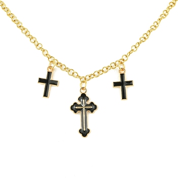 304 Stainless Steel Necklaces, Alloy Enamel Charm Necklaces, Cross, Black, 16.38 inch(41.6cm)