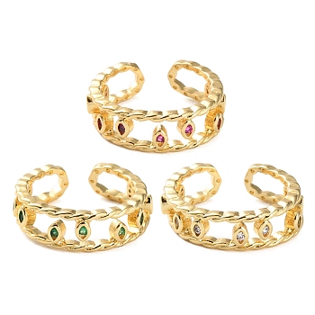 Rack Plating Brass Micro Pave Cubic Zirconia Open Cuff Rings for Women, Lead Free & Cadmium Free, Long-Lasting Plated, Real 18K Gold Plated, Leaf, Mixed Color, Adjustable, 7mm