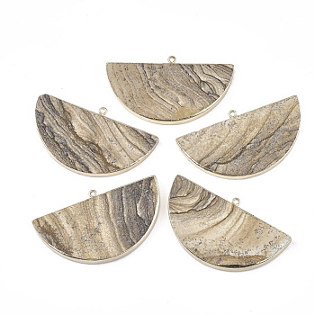 Electroplate Natural Picture Jasper Semi Circle Pendants, with Iron Findings, Half Round, Golden, 34~35x60.5x4~5.5mm, Hole: 1.8mm