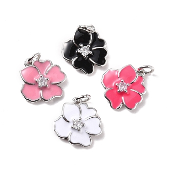 Rack Plating Brass Micro Pave Cubic Zirconia Charms, with Enamel and Jump Ring, Long-Lasting Plated, Flower, Mixed Color, 13x12x3mm, Jump Ring: 5x0.9mm, 3mm Inner Diameter