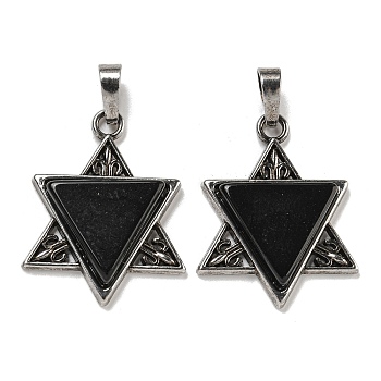 Natural Obsidian Pendants, Star of David Charms, with Antique Silver Tone Alloy Findings, Cadmium Free & Lead Free, 29x23.5x5mm, Hole: 7x5mm