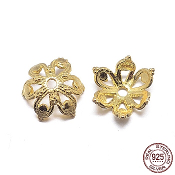 Real 18K Gold Plated 6-Petal 925 Sterling Silver Bead Caps, Flower, Golden, 8.5x4mm, Hole: 1.5mm, about 51pcs/20g
