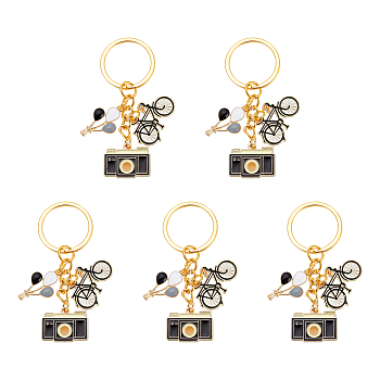 Nbeads 5Pcs Hot Air Balloon/Camera/Bicycle Alloy Enamel Pendant Keychain, with Iron Findings, Golden, 6.95cm