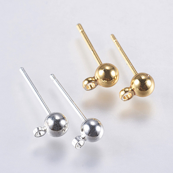 Brass Stud Earring Findings, with Loop, Long-Lasting Plated, Lead Free & Cadmium Free, Mixed Color, 6x4mm, Hole: 1mm, Pin: 0.9mm