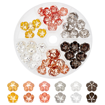 CHGCRAFT 90Pcs 6 Colors Brass Bead Caps, 5-Petal, Flower, Mixed Color, 12.5~13x7mm, Hole: 1.4mm, 15pcs/color