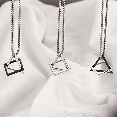 304 Stainless Steel Triangle & Rhombus Pendant Necklace with Box Chains(JN1045C)-4