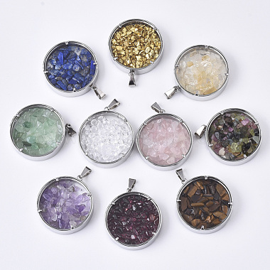 Stainless Steel Color Mixed Color Flat Round Mixed Stone Pendants