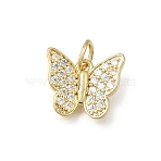 Brass Micro Pave Clear Cubic Zirconia Charms, with Jump Ring, Butterfly Charms, Rack Plating, Long-Lasting Plated, Cadmium Free & Lead Free, Real 18K Gold Plated, 11x13x2.5mm, Hole: 3mm(CU-L001-09G-07)