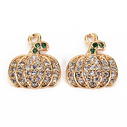 Brass Micro Pave Cubic Zirconia Charms, Nickel Free, Real 18K Gold Plated, Pumpkin, Green & Clear, 13x11x3mm, Hole: 1.2mm(X-KK-S360-138A-NF)