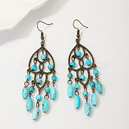 Synthetic Turquoise Woven Web/Net with Oval Tassel Dangle Earrings, Antique Bronze Plated Iron Jewelry for Women, 95x25mm(AZ8762-2)