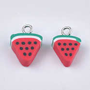 Handmade Polymer Clay Pendants, with Iron Findings, Imitation Food, Watermelon, Platinum, Red, 14.5~15x10~11x4.5mm, Hole: 1.8mm(CLAY-S091-91)