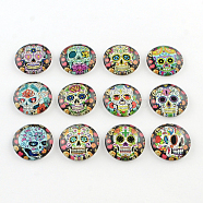 Half Round/Dome Sugar Skull Pattern Glass Flatback Cabochons for DIY Projects, For Mexico Holiday Day of the Dead, Mixed Color, 10x3.5mm(GGLA-Q037-10mm-12)