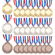 24Pcs 3 Colors Zinc Alloy Medals, with Stripe Pattern Lanyard, Flat Round, Mixed Color, 450~480mm, 8pcs/color(AJEW-OC0004-50)