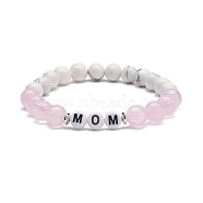 Natural Rose Quartz & Howlite & Acrylic Beaded Stretch Bracelet, Word Mom Jewelry for Mother's Day, Pink, Inner Diameter: 2-1/4 inch(5.7cm)(BJEW-TA00200)