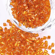 Grade A Glass Seed Beads, Hexagon(Two Cut), Silver Lined, Dark Orange, 1.5~2.5x1.5~2mm, Hole: 0.8mm, about 2100pcs/bag, 450g/bag(SEED-S022-04A-06)