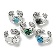 304 Stainless Steel Open Cuff Rings, Synthetic Malachite & Turquoise Round Wide Band Rings for Women Men, Stainless Steel Color, Adjustable(RJEW-C079-18P)