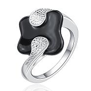 Fashionable Brass Enamel Rhombus Finger Rings, Black, Silver, Size 7, 17.3mm(RJEW-BB07438-7)