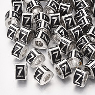 Alloy European Beads, Enamel Style, Large Hole Beads, Triangle with Letter, Platinum, Black, Letter.Z, 9.5x9x6.5mm, Hole: 5mm(MPDL-S038-09Z)